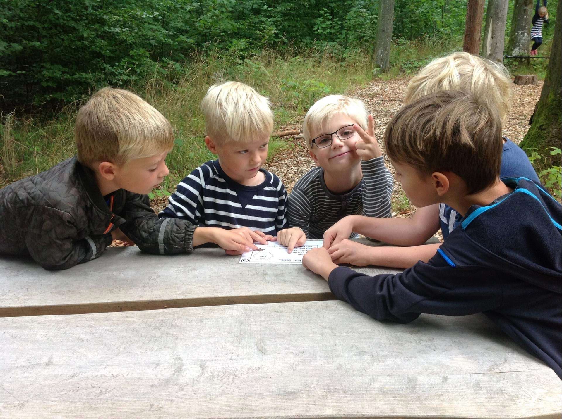 Fem drenge om et bord i udkanten af skoven