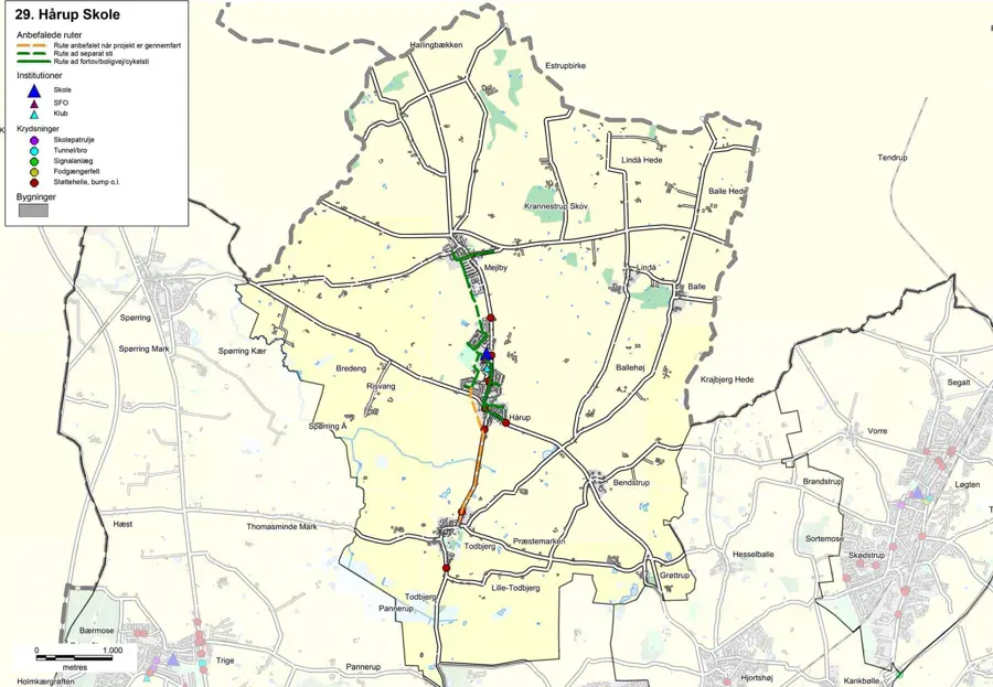 Kort, der viser de sikre skoleveje til Hårup Skole